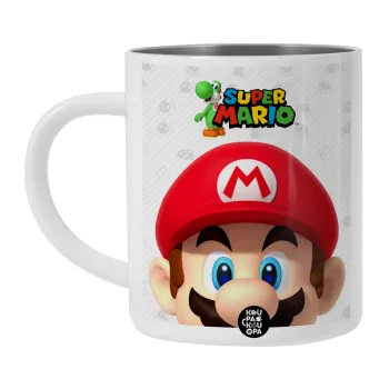 Super mario, Λευκή Ανοξείδωτη Μεταλλική Κούπα 450ml - Διπλού Τοιχώματος 