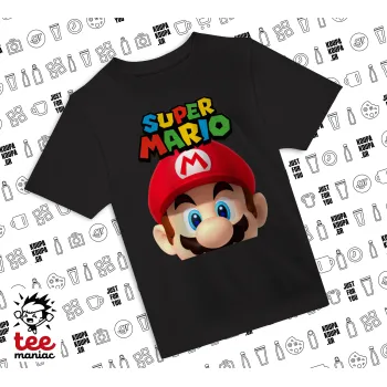 Super mario, Άνετο παιδικό T-Shirt ΜΑΥΡΟ από 100% βαμβάκι, για κάθε μέρα. Vegan & OEKO-TEX πιστοποιημένο.