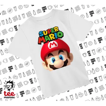 Super mario, Άνετο παιδικό T-Shirt ΛΕΥΚΟ από 100% βαμβάκι, για κάθε μέρα. Vegan & OEKO-TEX πιστοποιημένο.
