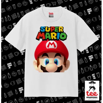 Super mario, Κλασικό T-Shirt, διπλής ραφής, χωρίς πλευρικές ραφές ΛΕΥΚΟ από 100% βαμβάκι. Vegan & OEKO-TEX πιστοποιημένο.