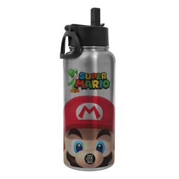 Super mario, Μεταλλικό παγούρι θερμός Silver με καλαμάκι και χερούλι (Stainless steel), διπλού τοιχώματος, 950ml