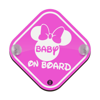 minnie mouse, Σήμανση αυτοκινήτου Baby On Board ξύλινο με βεντουζάκια (16x16cm)