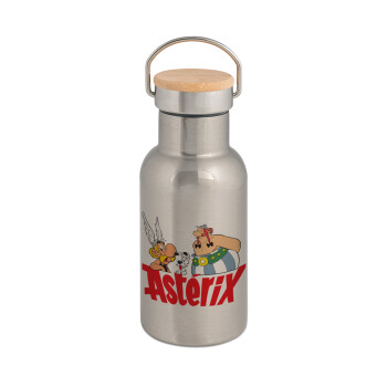 Asterix and Obelix, Stainless steel metallic thermos flask, silver with a bamboo lid, double-walled, 350ml.