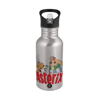 Asterix and Obelix, Water bottle Silver with straw, stainless steel 500ml