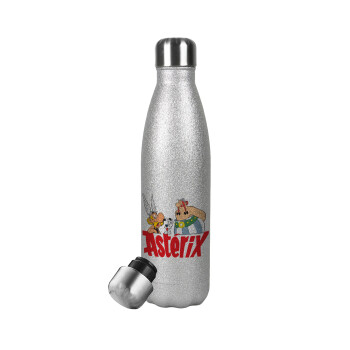 Asterix and Obelix, Μεταλλικό παγούρι θερμός Glitter Aσημένιο (Stainless steel), διπλού τοιχώματος, 500ml