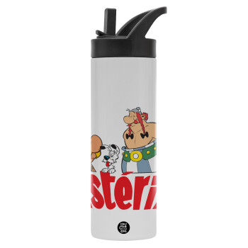 Asterix and Obelix, Μεταλλικό παγούρι θερμός με καλαμάκι & χειρολαβή, ανοξείδωτο ατσάλι (Stainless steel 304), διπλού τοιχώματος, 600ml