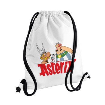 Asterix and Obelix, Τσάντα πλάτης πουγκί GYMBAG λευκή, με τσέπη (40x48cm) & χονδρά κορδόνια