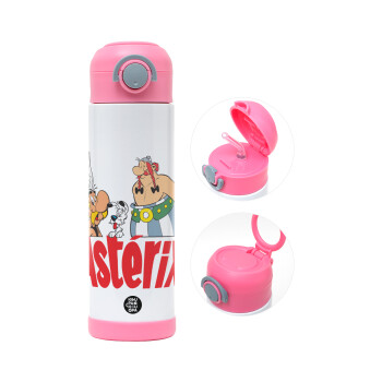 Asterix and Obelix, Παιδικό παγούρι θερμό, ανοξείδωτο, με καλαμάκι ασφαλείας, ΡΟΖ (500ml)