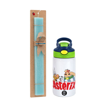 Asterix and Obelix, Easter Set, Children's thermal stainless steel bottle with safety straw, green/blue (350ml) & aromatic flat Easter candle (30cm) (TURQUOISE)