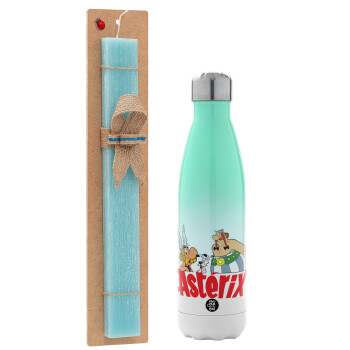 Asterix and Obelix, Easter Set, Metallic green/white thermos (Stainless steel), double-walled, 500ml & scented flat Easter candle (30cm) (TURQUOISE)