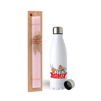 Asterix and Obelix, Easter Set, metallic stainless steel water bottle (750ml) & scented flat Easter candle (30cm) (PINK)