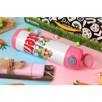 Asterix and Obelix, Easter candle, Childrens hot water bottle, stainless steel, with safety straw, PINK (500ml)