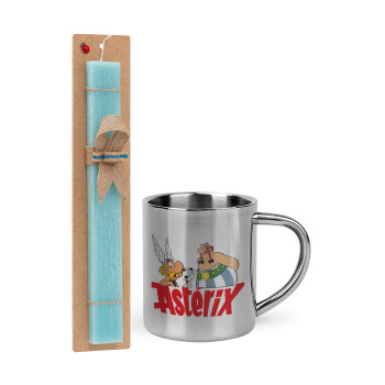 Asterix and Obelix, Easter Set, metallic thermal cup (300ml) & aromatic flat Easter candle (30cm) (TURQUOISE)
