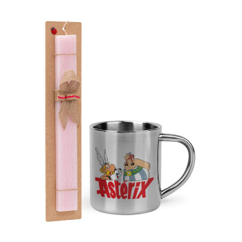 Asterix and Obelix, Πασχαλινό Σετ, μεταλλική κούπα θερμό (300ml) & πασχαλινή λαμπάδα αρωματική πλακέ (30cm) (ΡΟΖ)