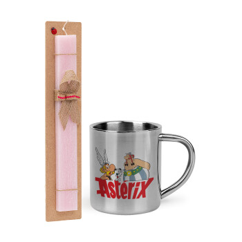 Asterix and Obelix, Easter Set, metallic thermal cup (300ml) & aromatic flat Easter candle (30cm) (PINK)