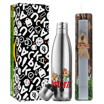 Asterix and Obelix, Easter Set, metallic stainless thermos flask (500ml) & scented flat Easter candle (30cm) (GRAY)