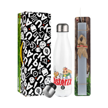 Asterix and Obelix, Easter candle, metallic white thermos bottle (500ml) & aromatic flat candle (30cm) (GRAY)