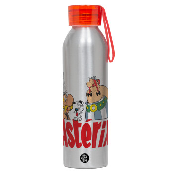 Asterix and Obelix, Αλουμινένιο Αθλητικό Μπουκάλι 650ml – Ασημί με Κόκκινο Καπάκι και Λουράκι Σιλικόνης