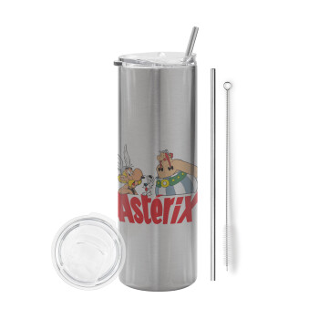 Asterix and Obelix, Eco friendly ποτήρι θερμό Ασημένιο (tumbler) από ανοξείδωτο ατσάλι 600ml, με μεταλλικό καλαμάκι & βούρτσα καθαρισμού