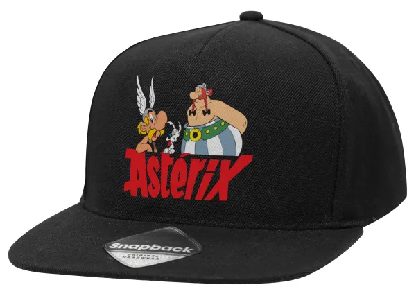 Asterix and Obelix — Adult Flat Snapback Hat Black, (100% COTTON TWILL, ADULT, UNISEX, ONE SIZE)