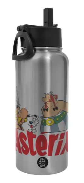 Asterix and Obelix — Μεταλλικό παγούρι θερμός Silver με καλαμάκι και χερούλι (Stainless steel), διπλού τοιχώματος, 950ml