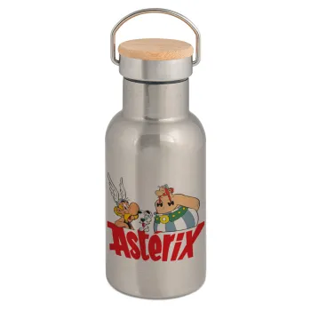 Asterix and Obelix, Stainless steel metallic thermos flask, silver with a bamboo lid, double-walled, 350ml.
