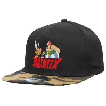 Asterix and Obelix, Adult Flat Snapback Hat Black/Camouflage, (100% COTTON TWILL, ADULT, UNISEX, ONE SIZE)