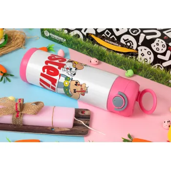 Asterix and Obelix, Πασχαλινή Λαμπάδα με Παιδικό παγούρι θερμό, ανοξείδωτο, με καλαμάκι ασφαλείας, ΡΟΖ (500ml)