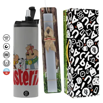 Asterix and Obelix, Πασχαλινή Λαμπάδα με Travel Tumbler θερμό (600ml, BPA free) & κερί αρωματικό πλακέ (30cm) (ΓΚΡΙ)