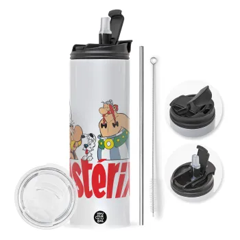 Asterix and Obelix, Travel Tumbler θερμό με διπλό καπάκι, μεταλλικό καλαμάκι και βούρτσα καθαρισμού (Ανωξείδωτο 304 Food grade, BPA free, 600ml)