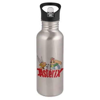 Asterix and Obelix, Water bottle Silver with straw, stainless steel 600ml