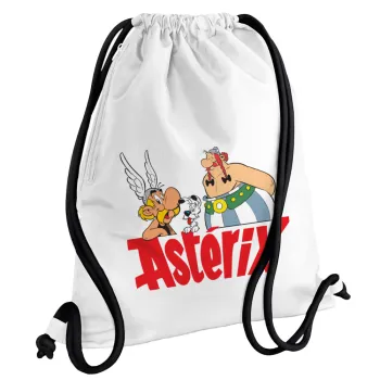 Asterix and Obelix, Τσάντα πλάτης πουγκί GYMBAG λευκή, με τσέπη (40x48cm) & χονδρά κορδόνια