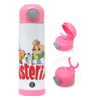 Asterix and Obelix, Children's hot water bottle, stainless steel, with safety straw, PINK (500ml)
