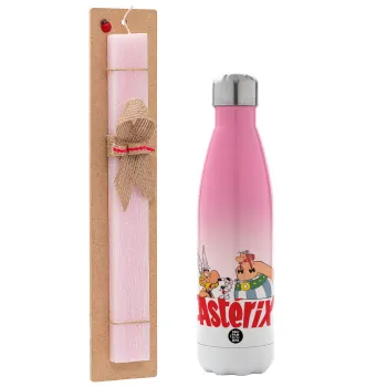 Asterix and Obelix, Easter Set, Metallic pink/white (Stainless steel) thermos, double-walled, 500ml & aromatic flat Easter candle (30cm) (PINK)