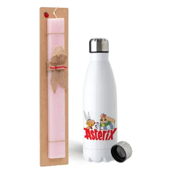 Asterix and Obelix, Easter Set, metallic stainless steel water bottle (750ml) & scented flat Easter candle (30cm) (PINK)