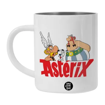 Asterix and Obelix, Λευκή Ανοξείδωτη Μεταλλική Κούπα 450ml - Διπλού Τοιχώματος 