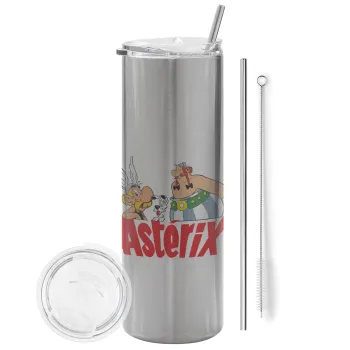 Asterix and Obelix, Tumbler ποτήρι θερμό Ασημένιο από ανοξείδωτο ατσάλι 600ml, με μεταλλικό καλαμάκι & βούρτσα καθαρισμού