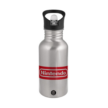 Nintendo, Παγούρι νερού Ασημένιο με καλαμάκι, ανοξείδωτο ατσάλι 500ml