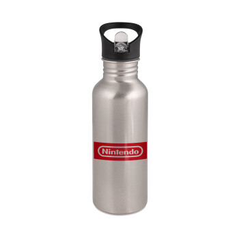 Nintendo, Water bottle Silver with straw, stainless steel 600ml