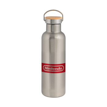 Nintendo, Μεταλλικό παγούρι θερμός (Stainless steel) Ασημένιο με ξύλινο καπακι (bamboo), διπλού τοιχώματος, 750ml