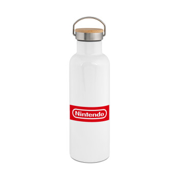 Nintendo, Μεταλλικό παγούρι θερμός (Stainless steel) Λευκό με ξύλινο καπακι (bamboo), διπλού τοιχώματος, 750ml