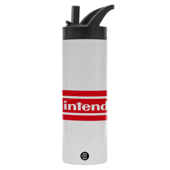 Nintendo, Μεταλλικό παγούρι θερμός με καλαμάκι & χειρολαβή, ανοξείδωτο ατσάλι (Stainless steel 304), διπλού τοιχώματος, 600ml