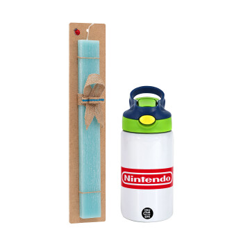 Nintendo, Easter Set, Children's thermal stainless steel bottle with safety straw, green/blue (350ml) & aromatic flat Easter candle (30cm) (TURQUOISE)