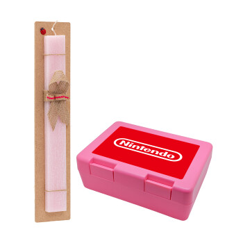 Nintendo, Πασχαλινό Σετ, παιδικό δοχείο κολατσιού ΡΟΖ & πασχαλινή λαμπάδα αρωματική πλακέ (30cm) (ΡΟΖ)