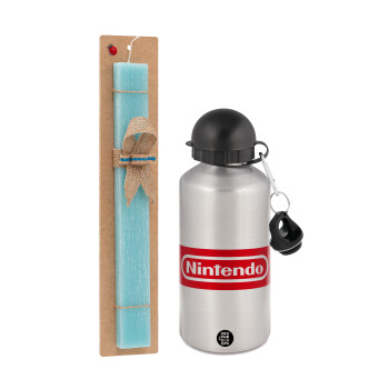 Nintendo, Easter Set, metallic silver aluminum water bottle (500ml) & scented flat Easter candle (30cm) (TURQUOISE)