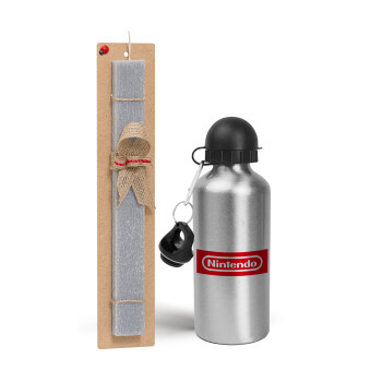 Nintendo, Easter Set, metallic silver aluminum water bottle (500ml) & aromatic flat Easter candle (30cm) (GRAY)