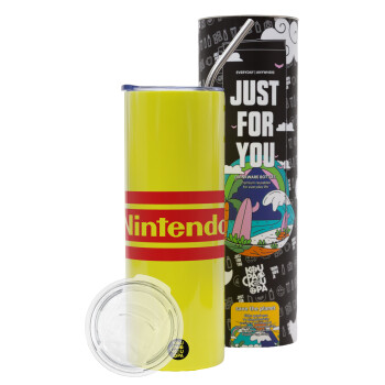 Nintendo, Neon Yellow Travel Tumbler, with metal straw (Stainless steel 304 Food grade, BPA free, 600ml)