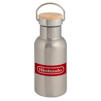 Nintendo, Μεταλλικό παγούρι θερμός (Stainless steel) Ασημένιο με ξύλινο καπακι (bamboo), διπλού τοιχώματος, 350ml