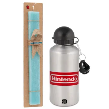Nintendo, Easter Set, metallic silver aluminum water bottle (500ml) & scented flat Easter candle (30cm) (TURQUOISE)
