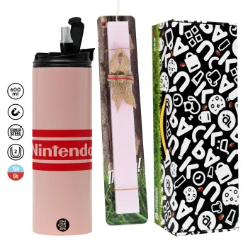 Nintendo, Easter candle,Travel Tumbler 2 Lids, with metal straw & cleaning brush & aromatic flat candle (30cm) (PINK)